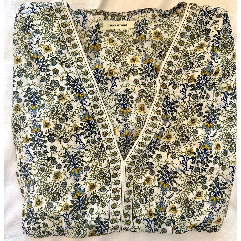 Max Studio Womens XL Blue Yellow Floral V-Neck Smocked Waist Tie Blouse A709C79A